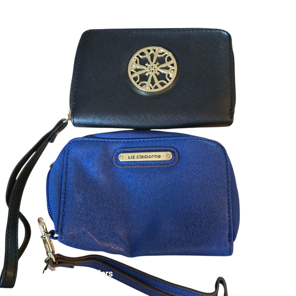 Liz Claiborne Black Wristlet Clutch Gold Emblem & Blue Coin Pouch Set